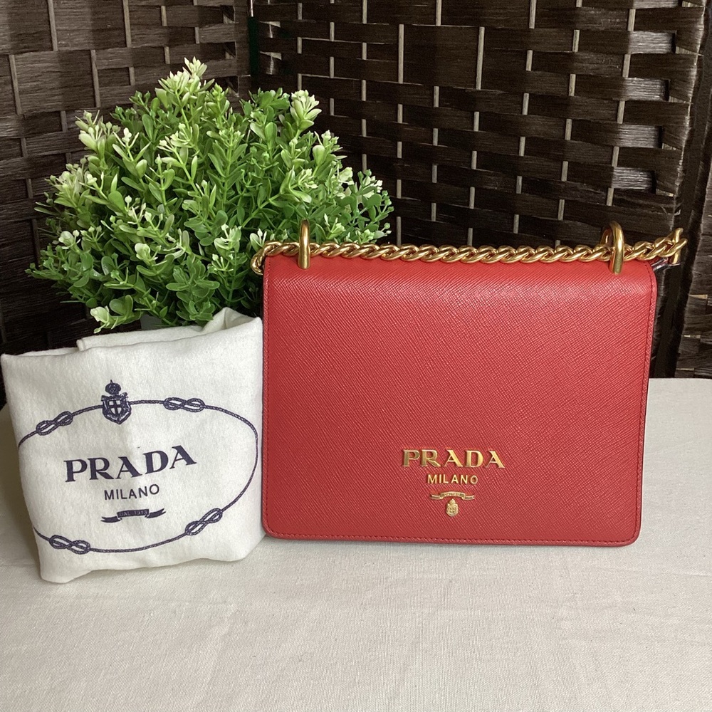PRADA  Saffiano Chain Shoulder Bag Fuoco